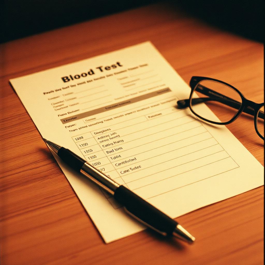 Printed blood test report with pen and reading glasses on a desk