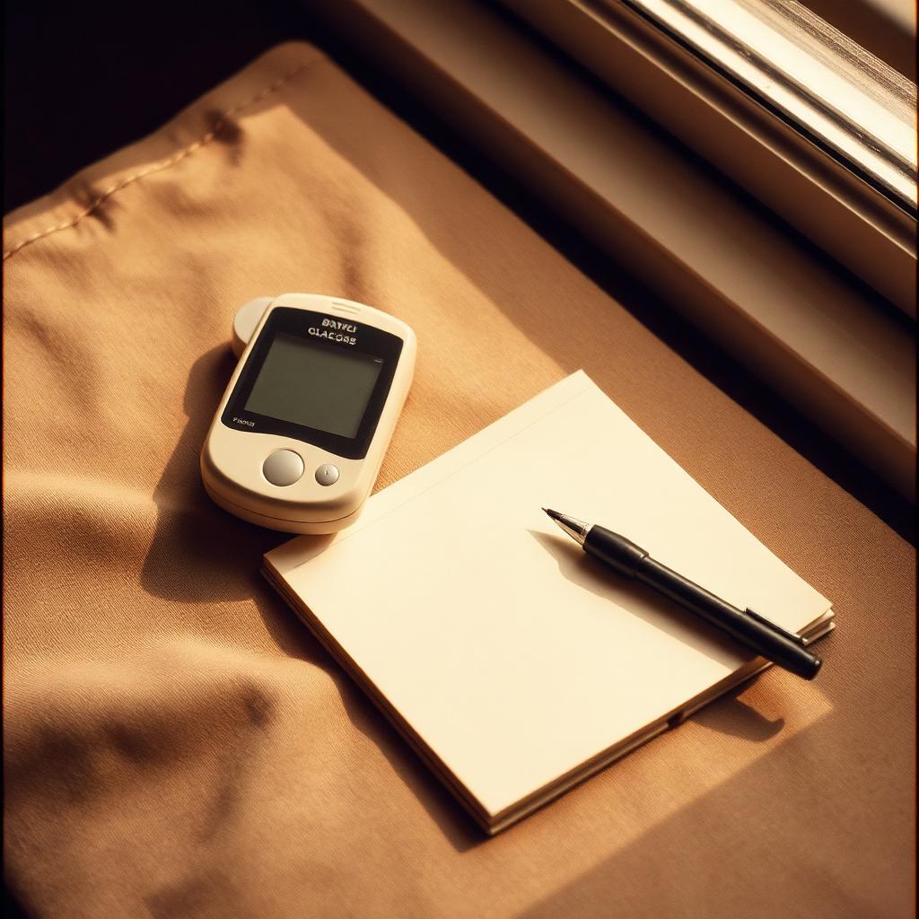 Glucose monitor and notebook on a linen surface in warm light