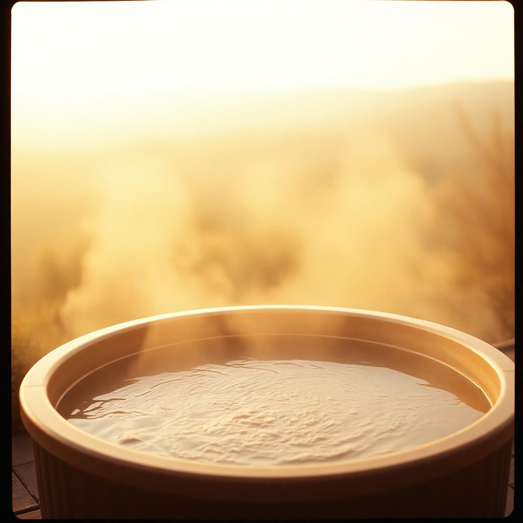 Outdoor cold plunge tub with steam rising at dawn