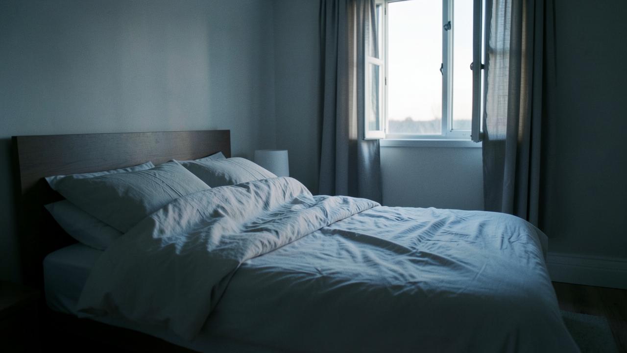 Quiet bedroom at dawn with linen sheets and an open window