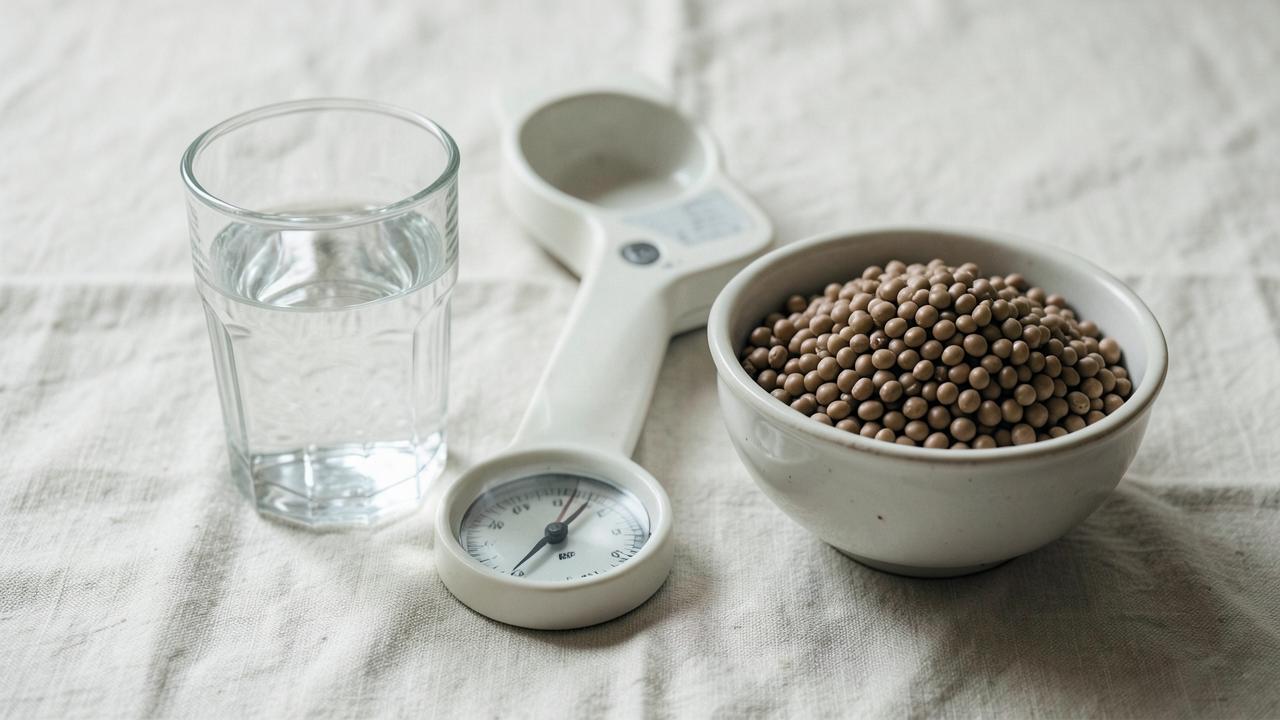 Glass of water, kitchen scale and a bowl of lentils on linen