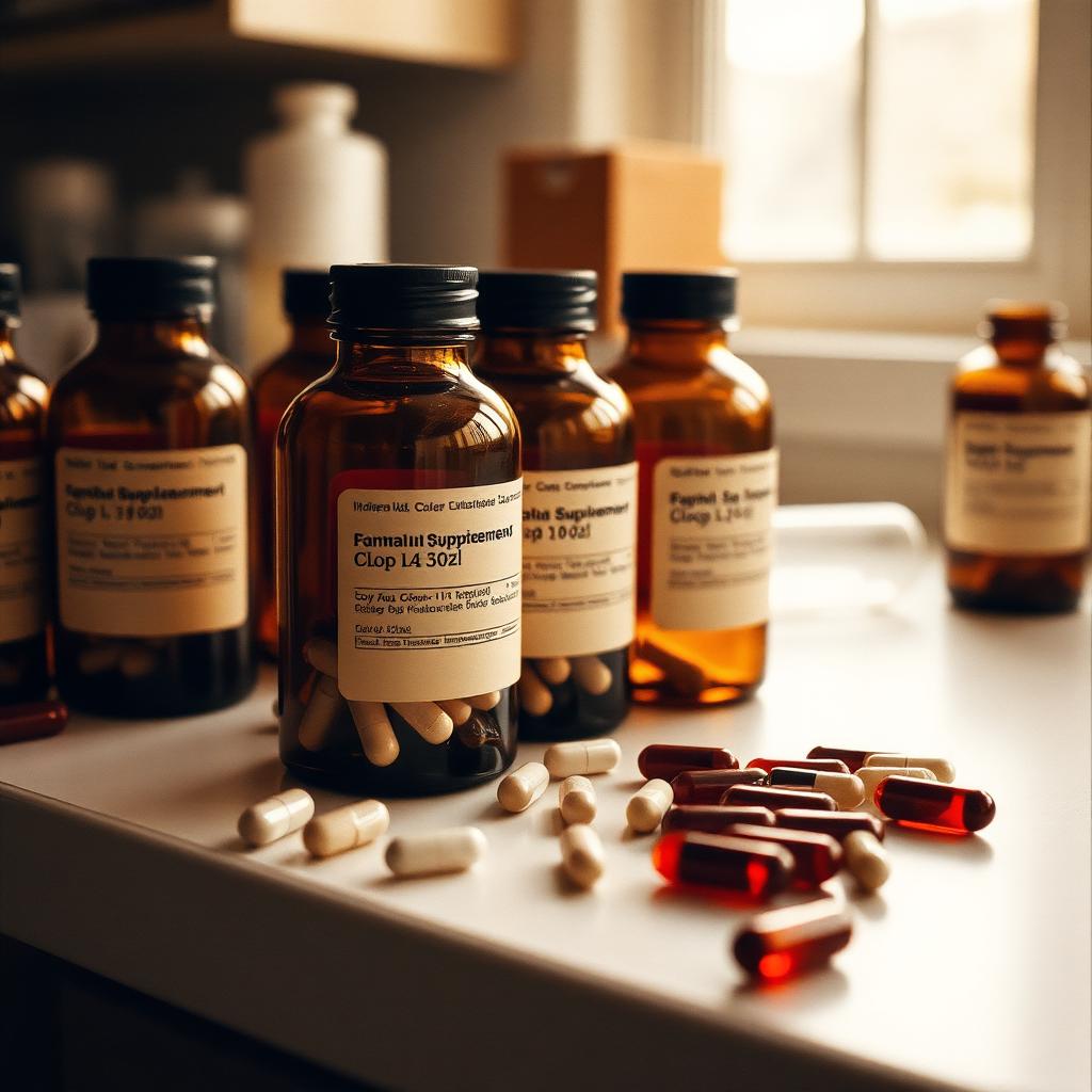 Amber glass supplement bottles and capsules on a laboratory bench