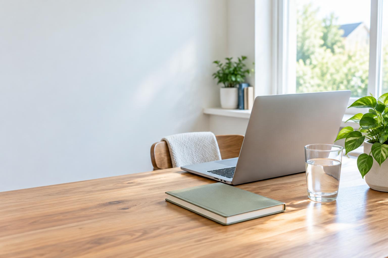 A laptop, notebook, and glass of water on a bright home desk